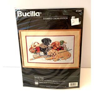 Bucilla 1996 Stamped Cross Stitch Sportin Pups 41343 Fishing Dog See Description